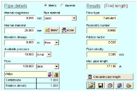 Find pipe length given availlable pressure, flow rate, internal diameter, elevation and fittings